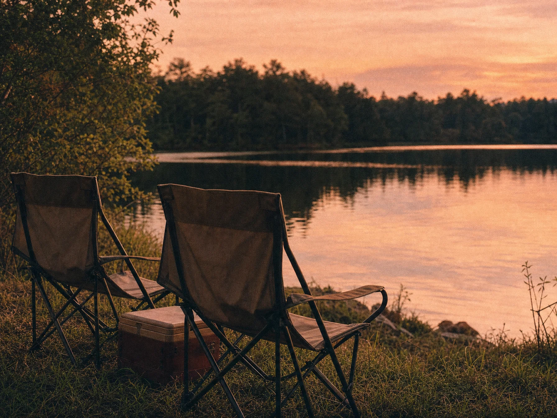 Two camp chairs and a cooler on a quiet lake shore at dusk