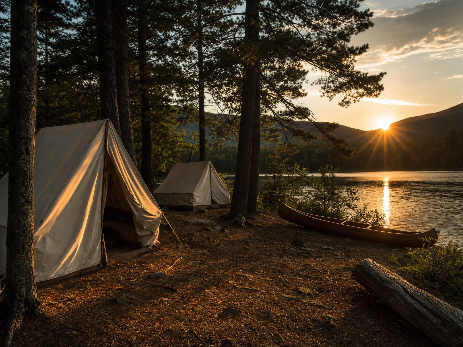Canvas tents among pines by a calm Catskills lake at sunset