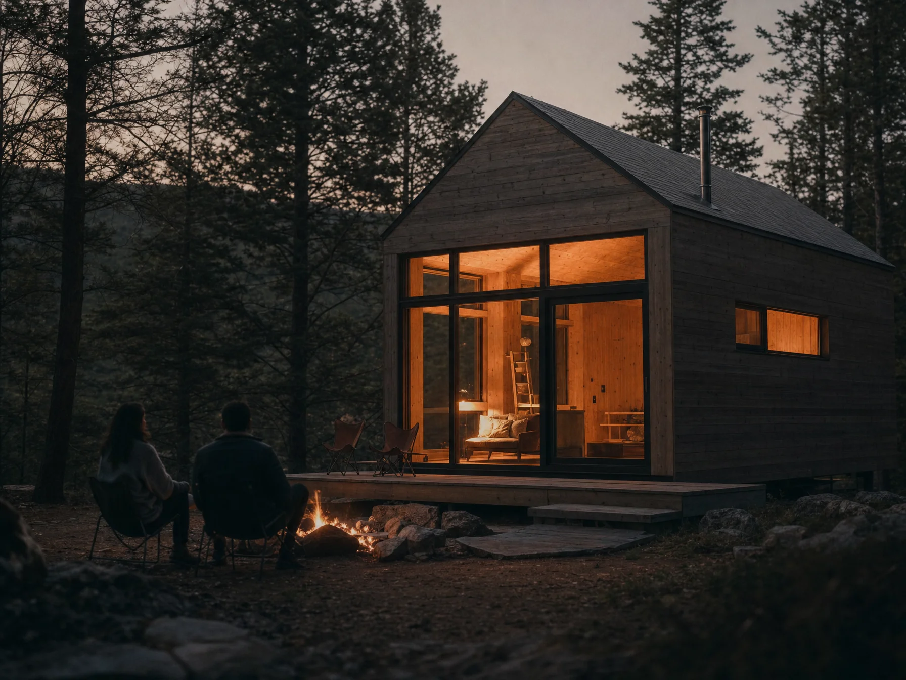 A modern wood cabin glowing warmly at dusk with a fire pit in the foreground