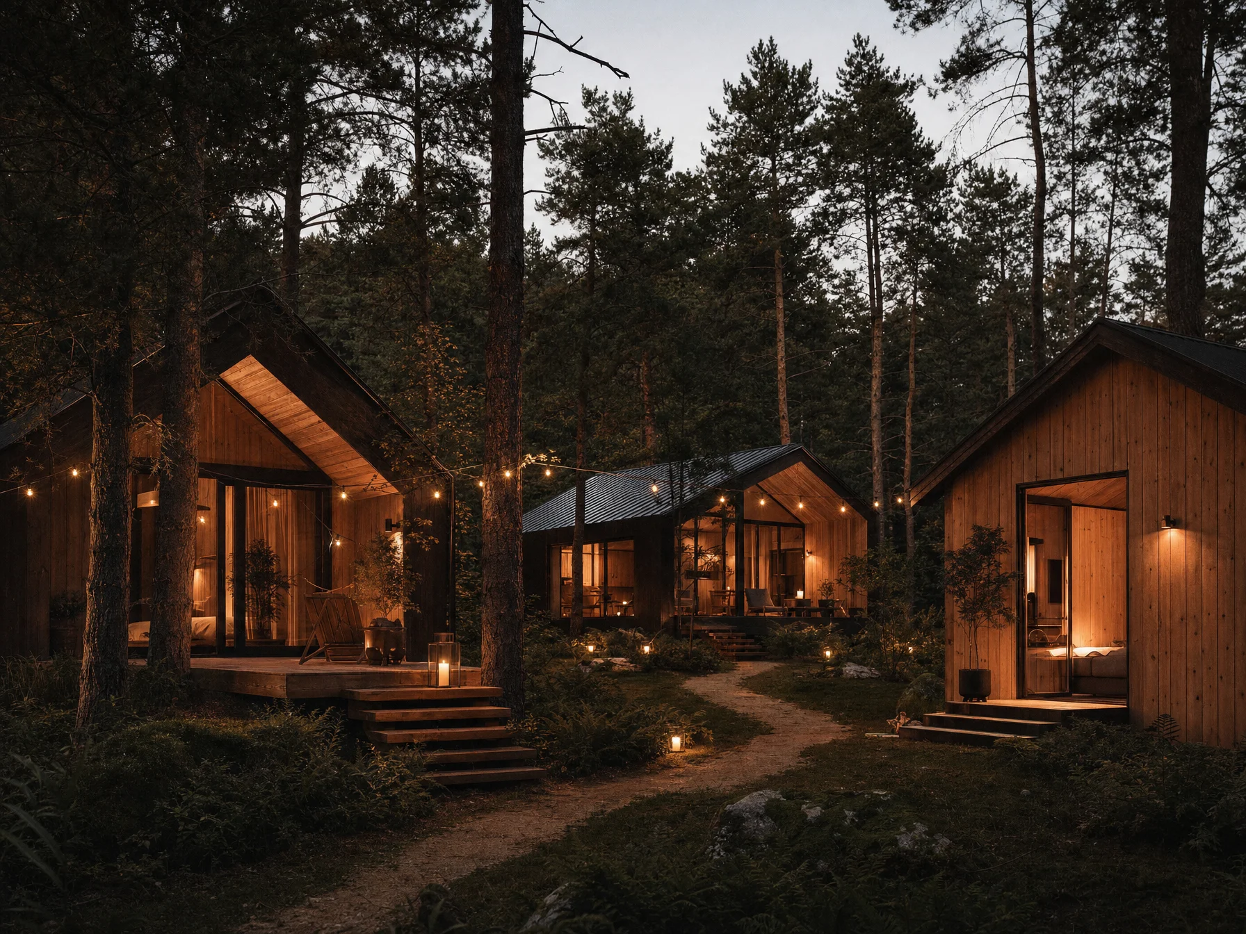 Three wood cabins spaced among trees at dusk, warm light inside each